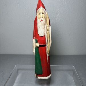 Rustic Hand-Carved & Hand-Painted Santa Wooden Tall Slim Figurine Green Red 8"